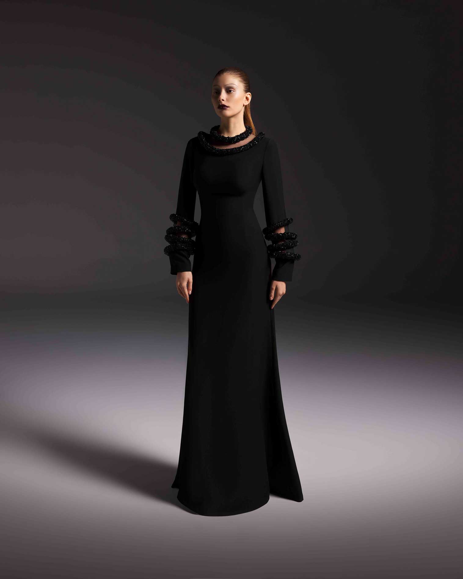 AFFFAIR - Black maxi dress with mesh details decorated with black, glittering bands at the neckline and wrists AFFFAIR - Black maxi dress with mesh details decorated with black, glittering bands at the neckline and wrists