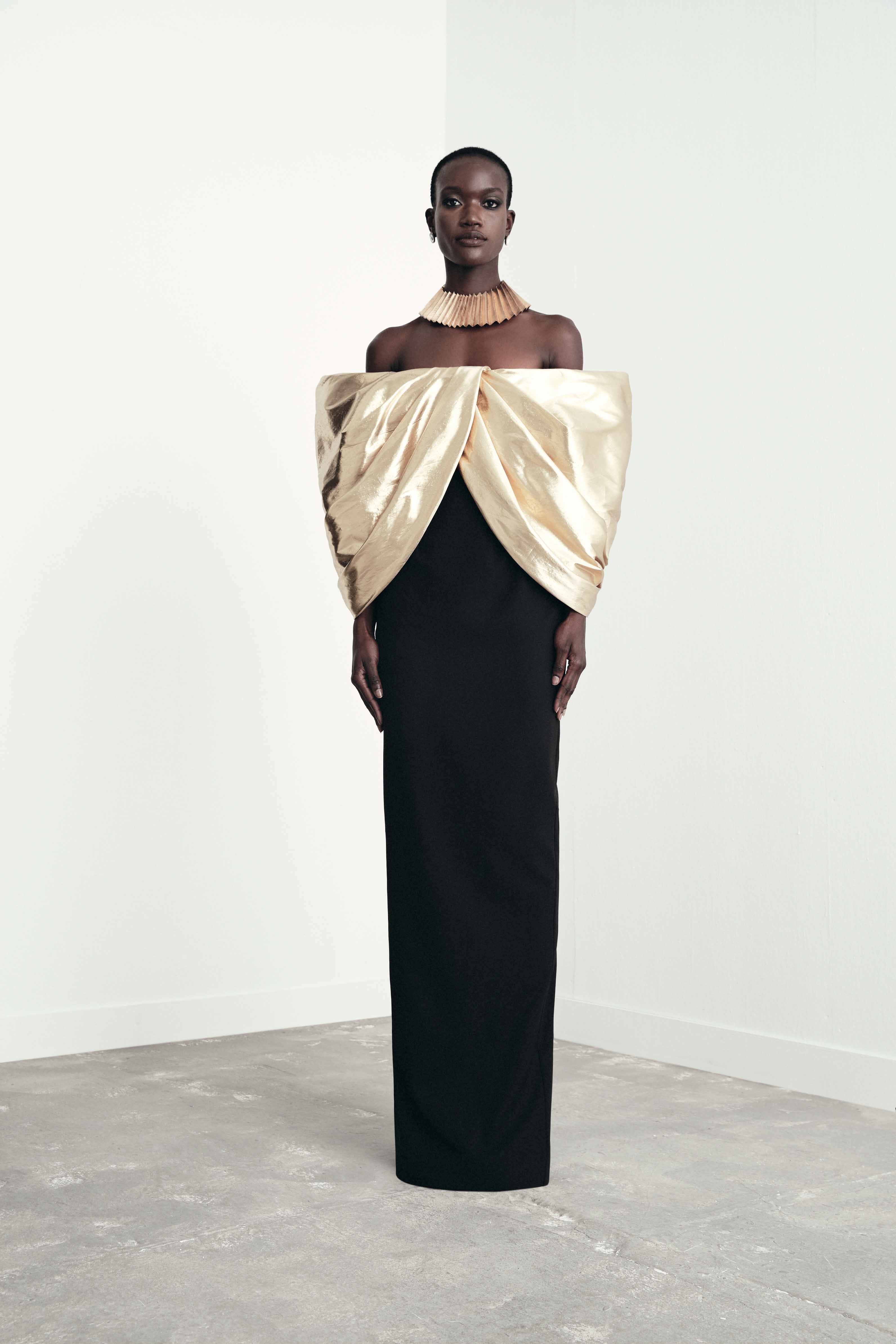 AFFFAIR - Black Tube Dress with Golden Puff Sleeves