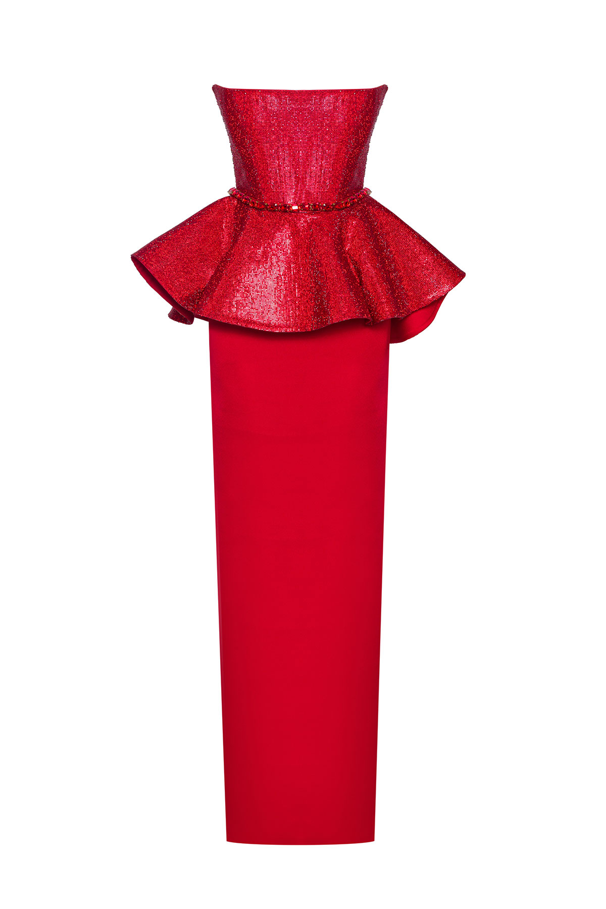 peplum red dress ASOS DESIGN high neck puff peplum midi dress in red in scuba-style fabric