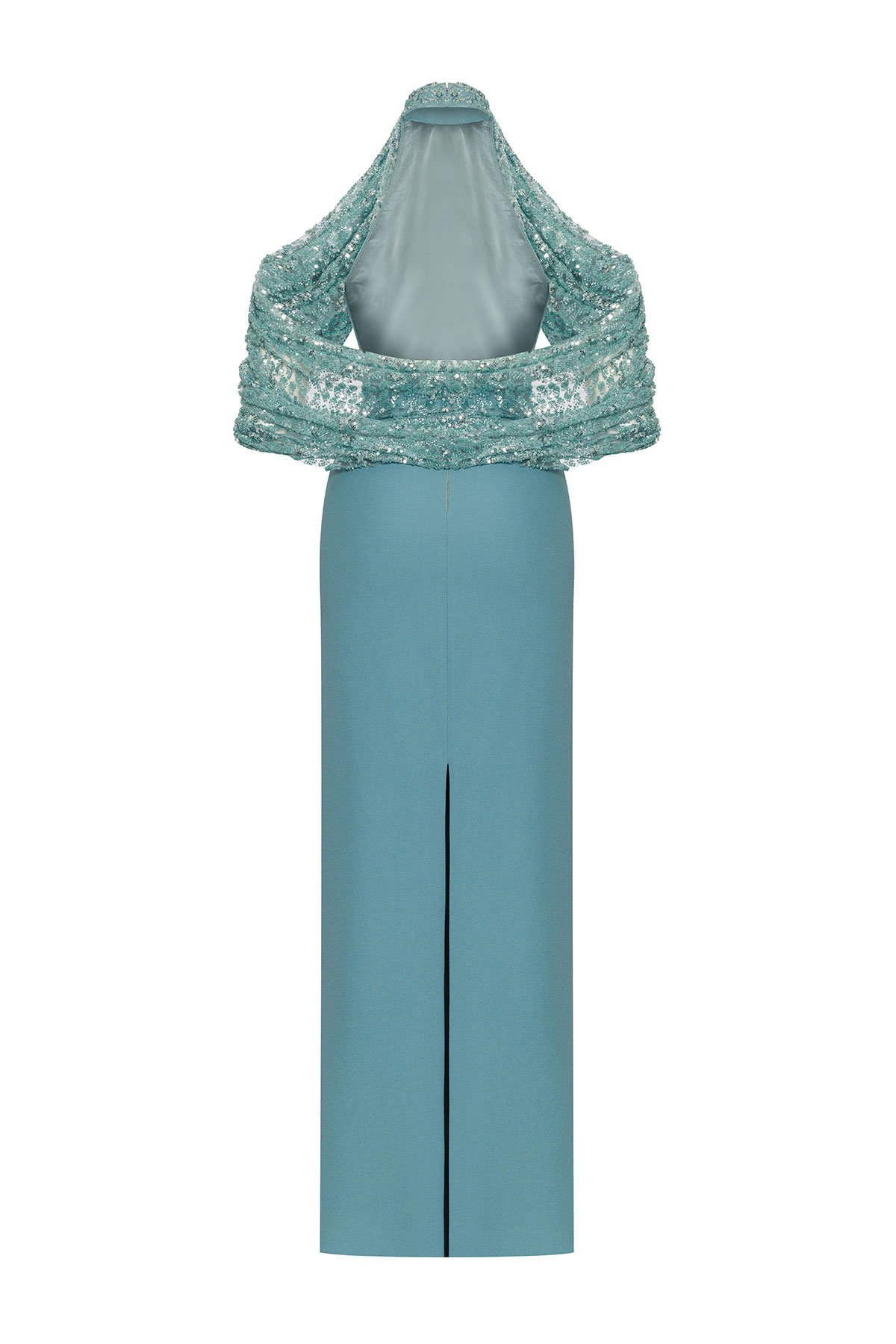 AFFFAIR - Petrol-colored, cold-shoulder dress with lace details