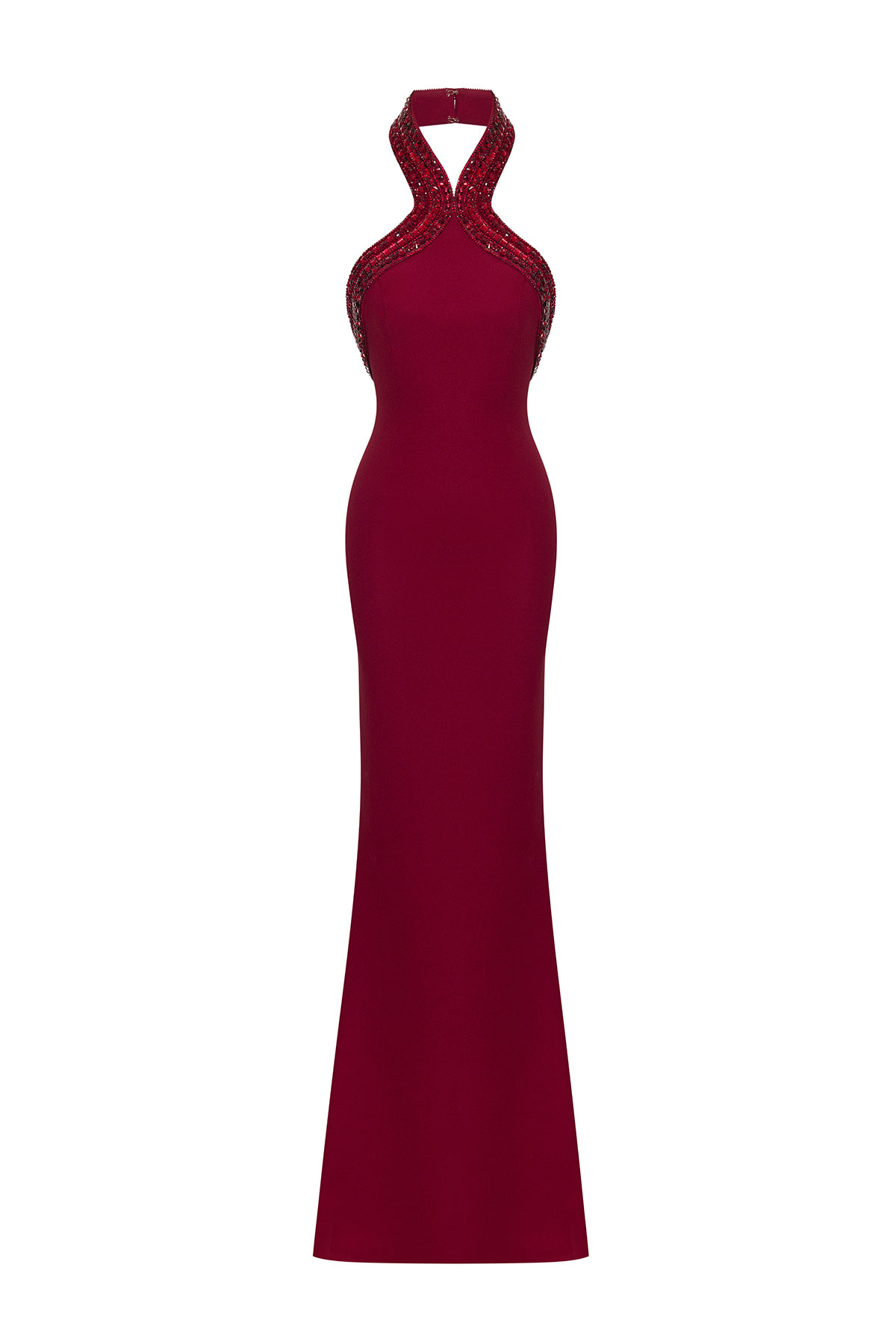 AFFFAIR - Burgundy halter neck dress decorated with crystals